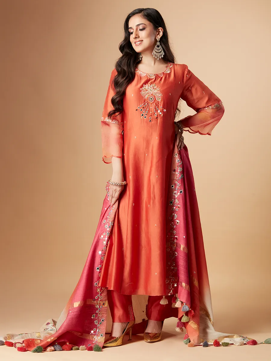 Trendy orange raw silk salwar suit