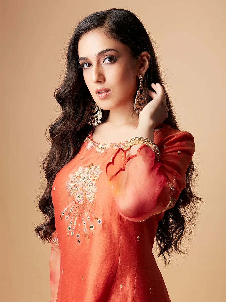 Trendy orange raw silk salwar suit