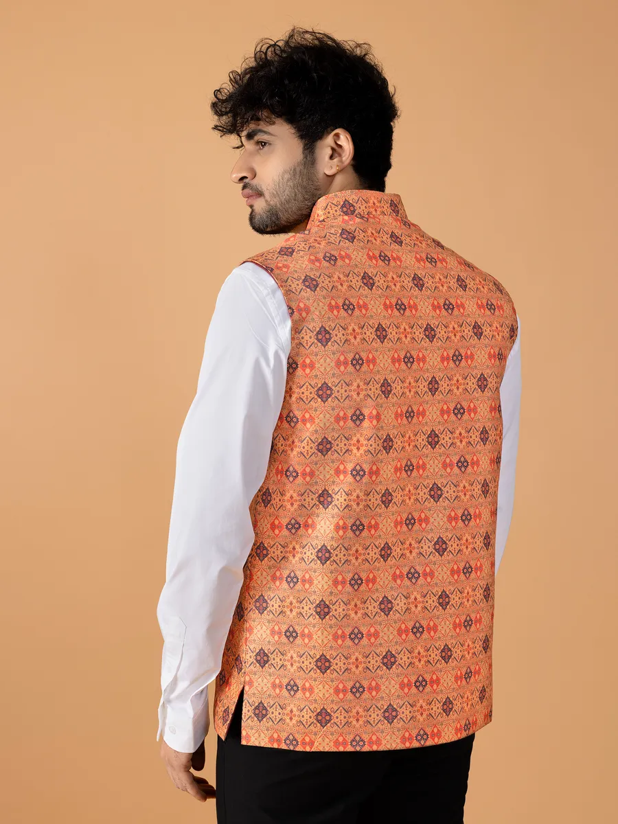 Trendy peach printed waistcoat in silk