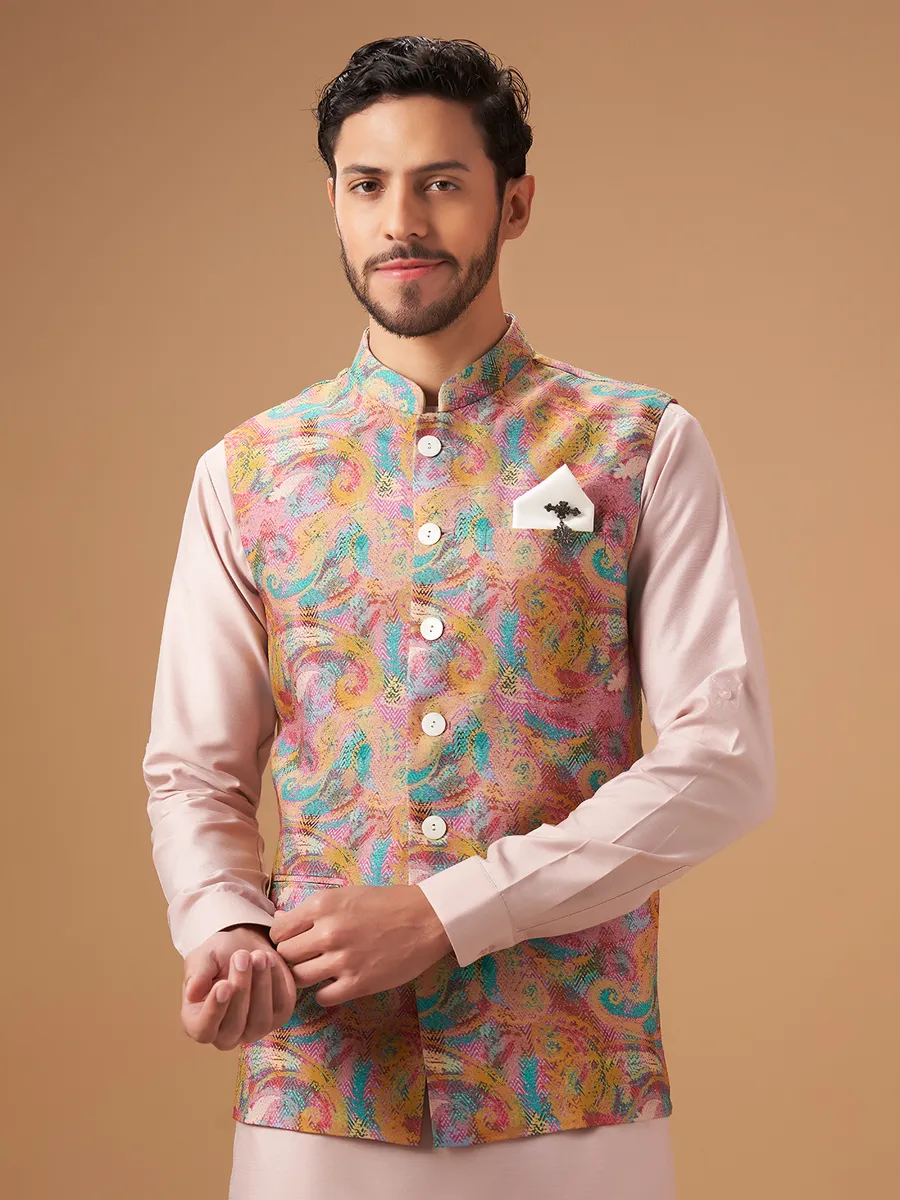 Trendy pink printed waistcoat set