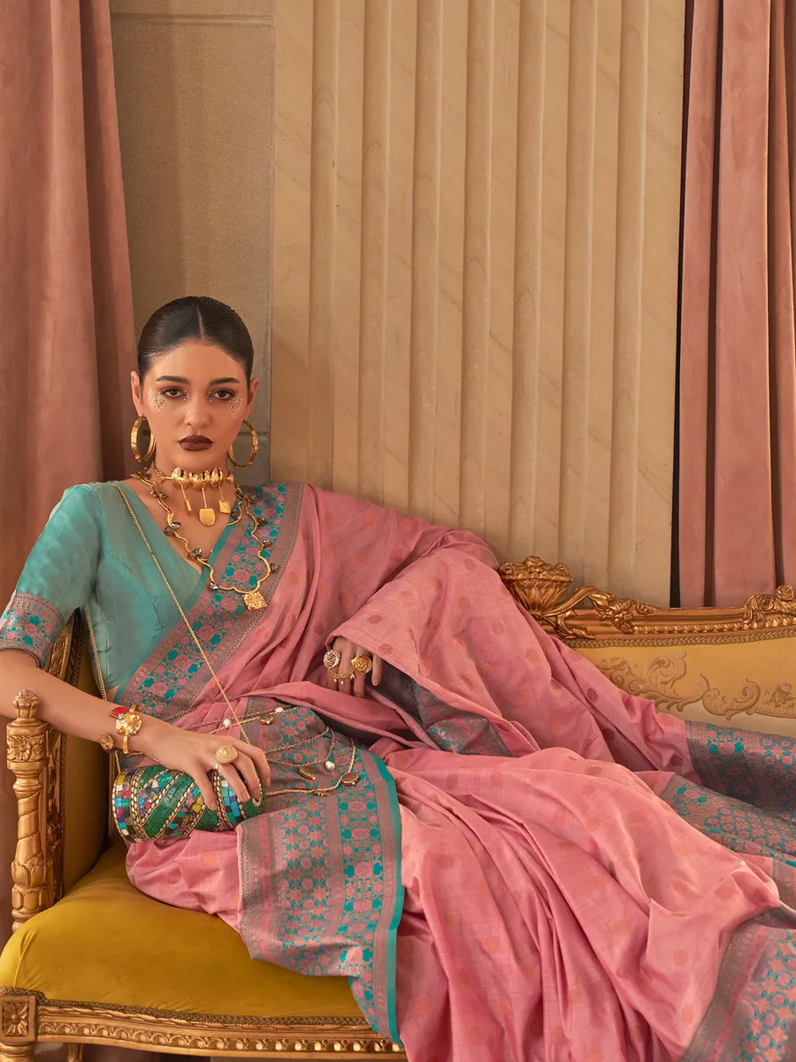 Trendy pink silk saree with zari weaving