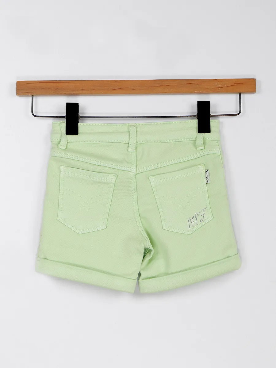 Trendy pista green denim shorts for girls