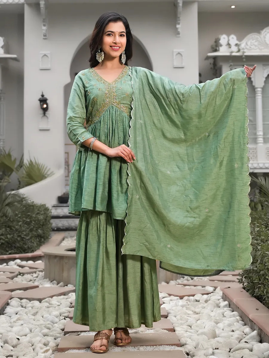 Trendy pista green silk sharara set