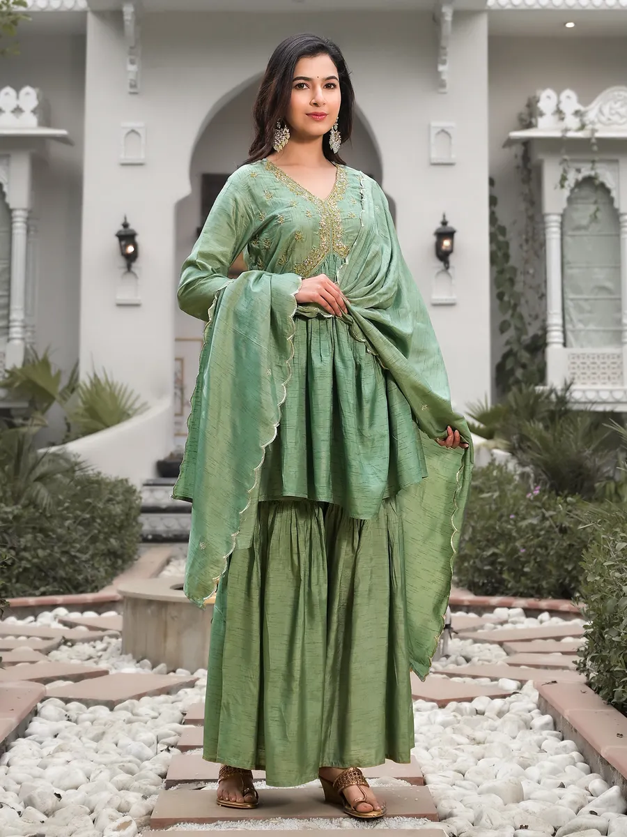 Trendy pista green silk sharara set