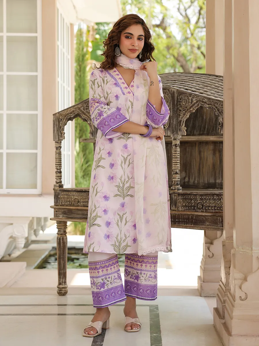 Trendy purple cotton printed kurti set