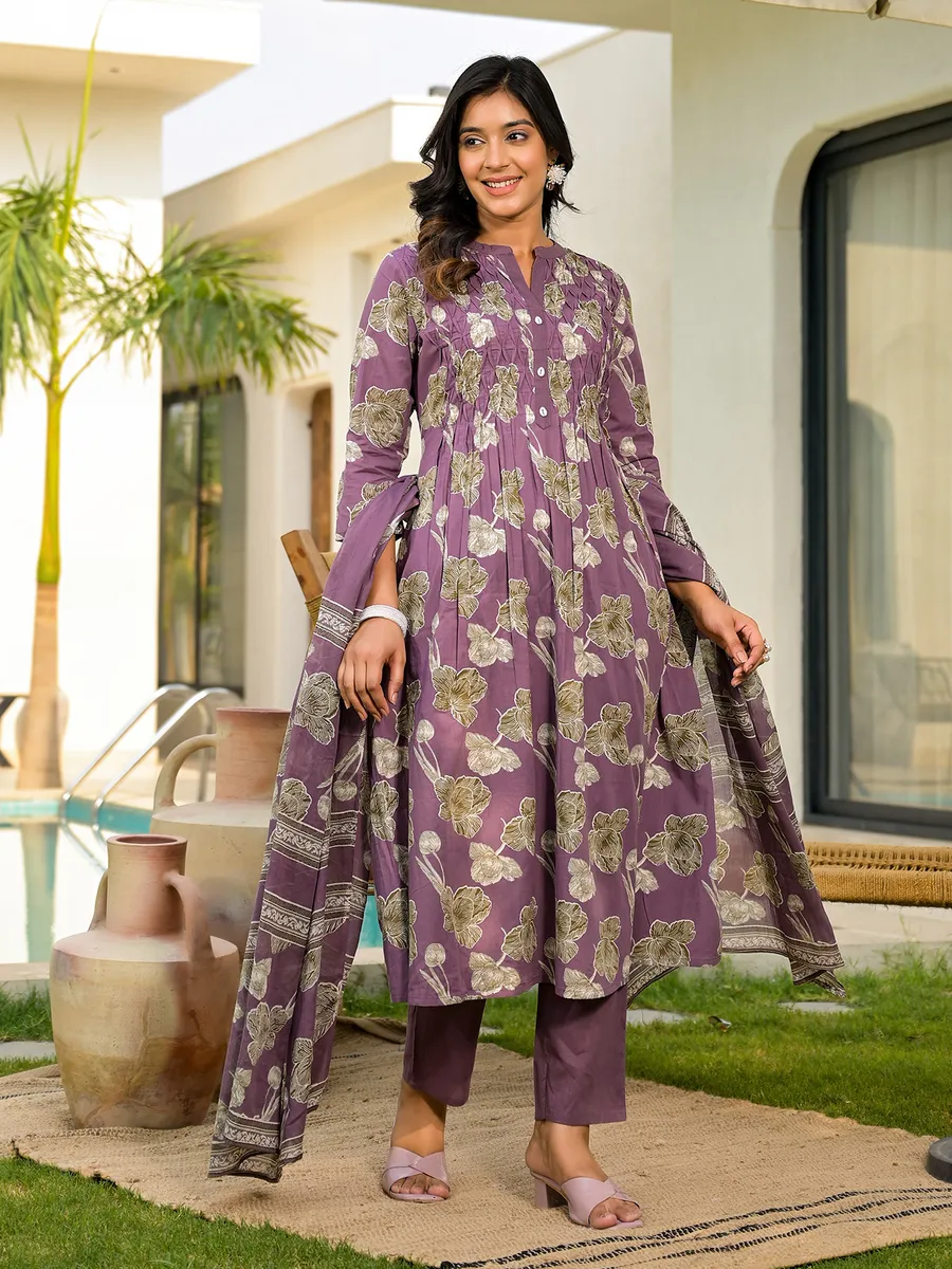 Trendy purple printed cotton kurti set