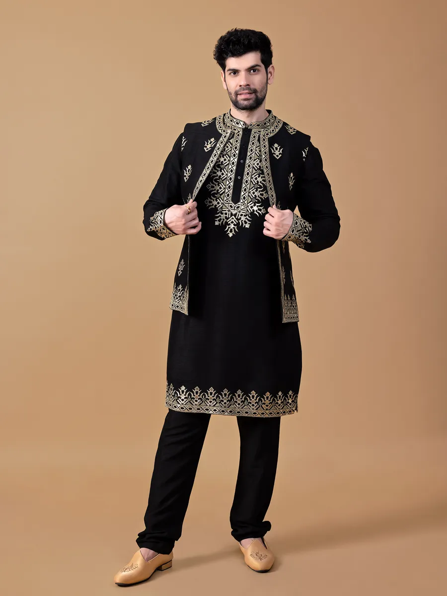 Trendy raw silk black waistcoat set