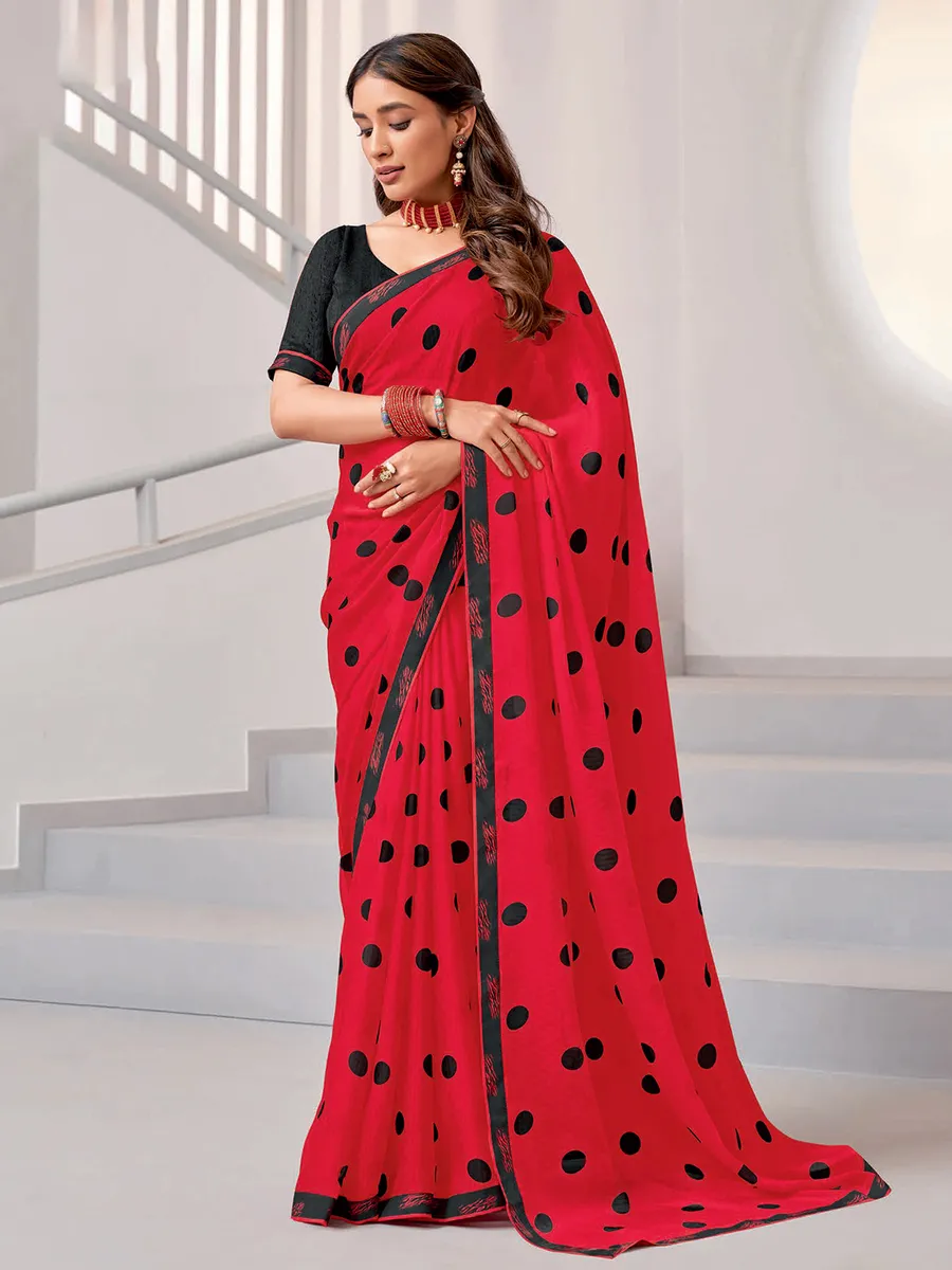 Trendy red georgette printed saree