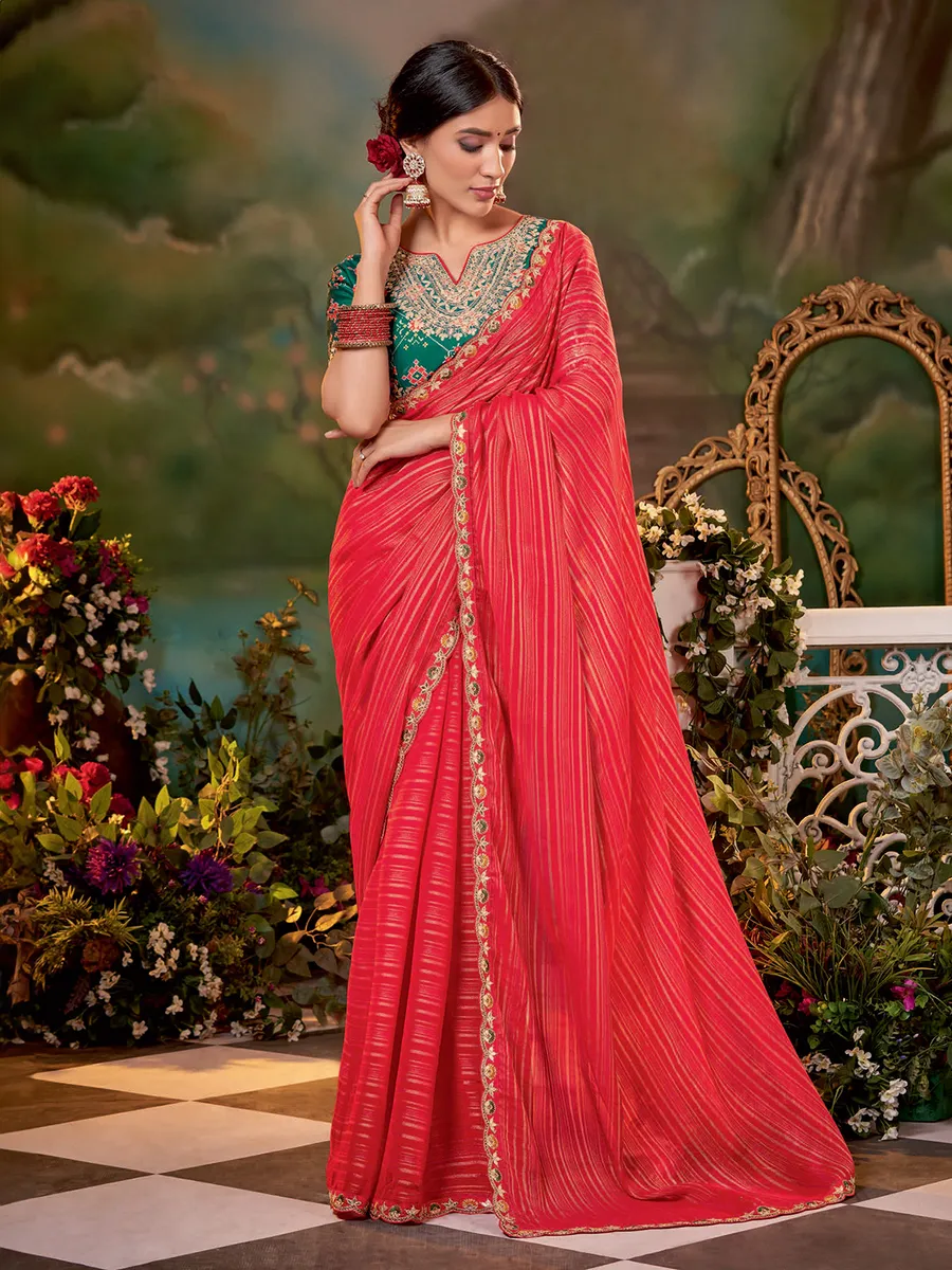 Trendy red georgette stripe saree