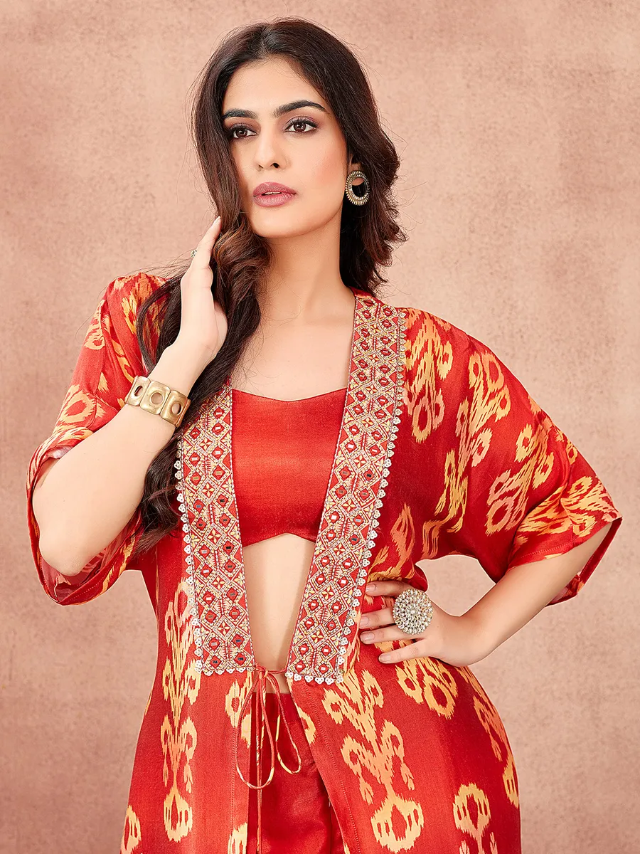 Trendy red silk jacket style salwar suit