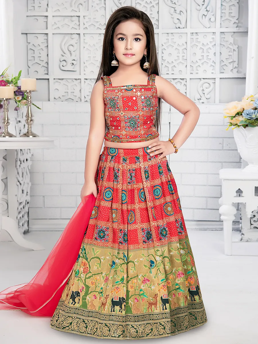 Trendy red silk printed wedding lehenga choli