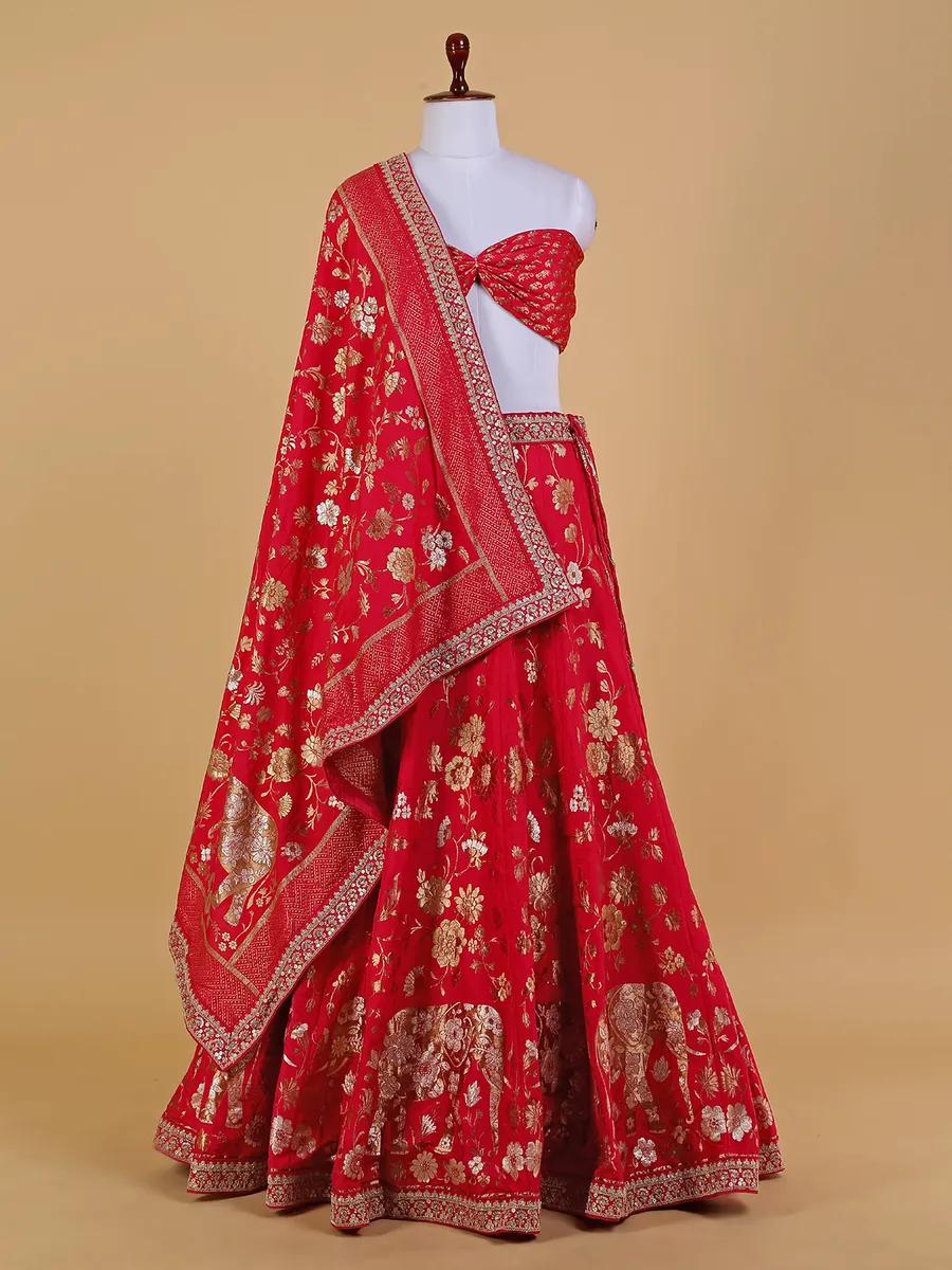 Trendy red silk unstitched lehenga choli