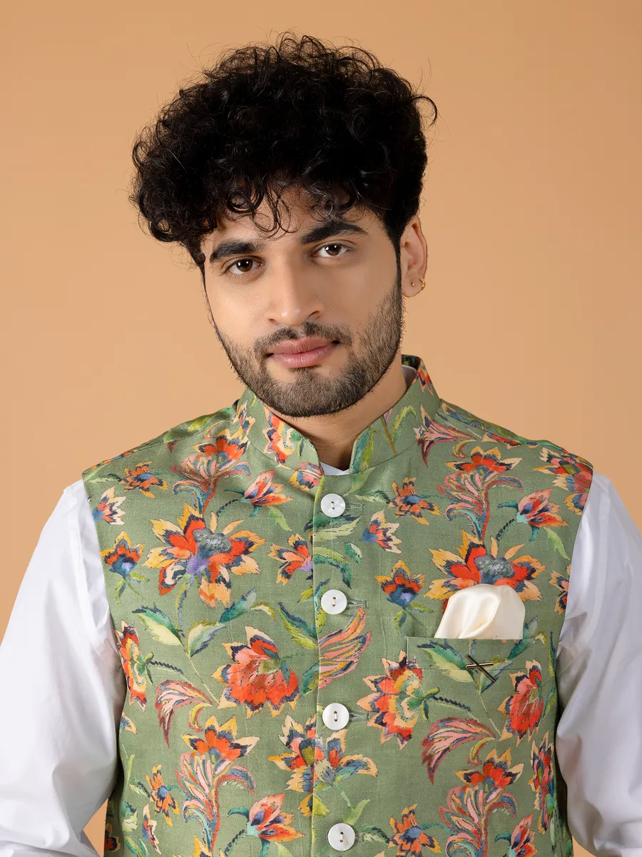 Trendy sage green printed waistcoat in silk