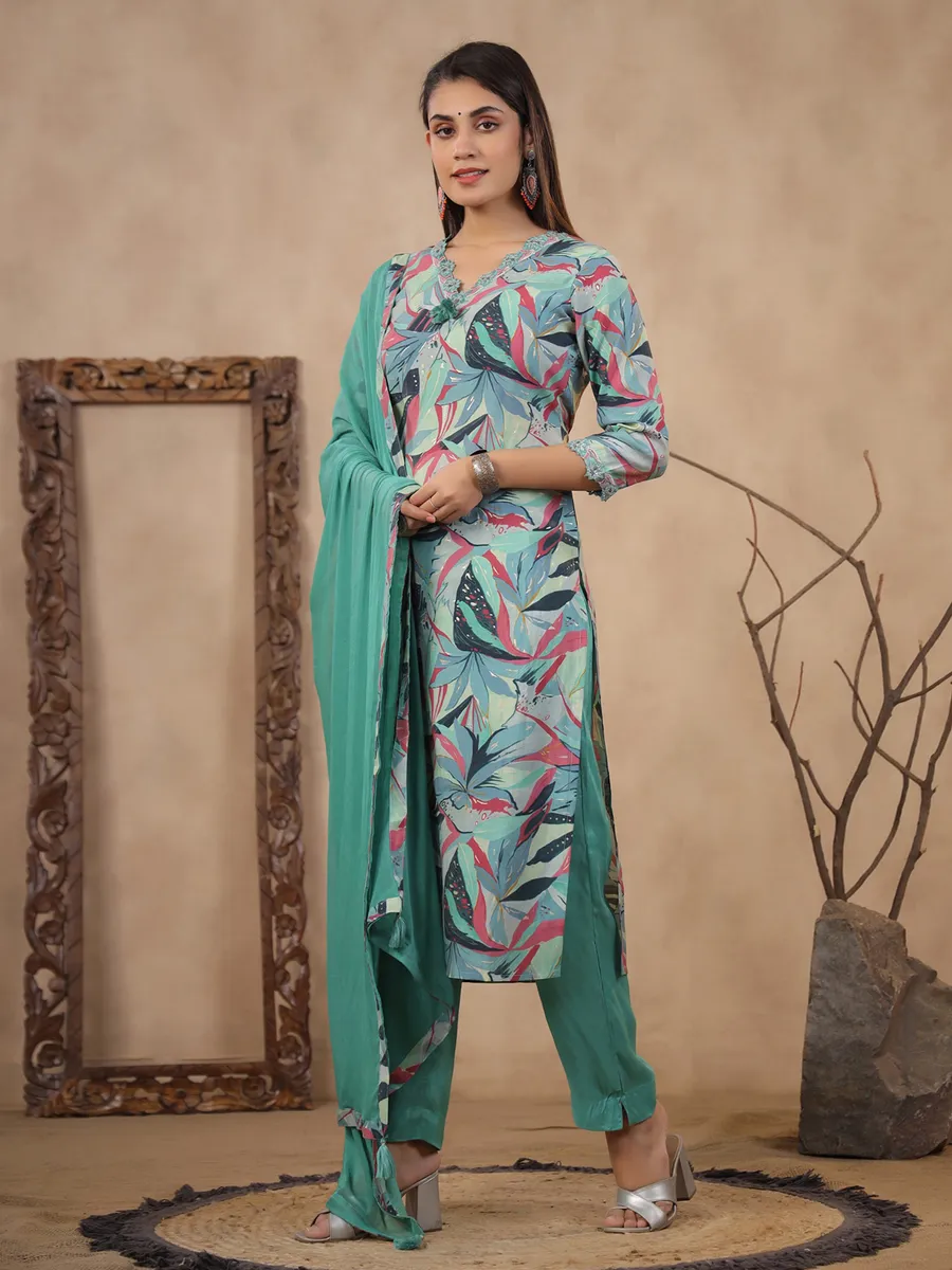 Trendy sea green silk printed kurti set