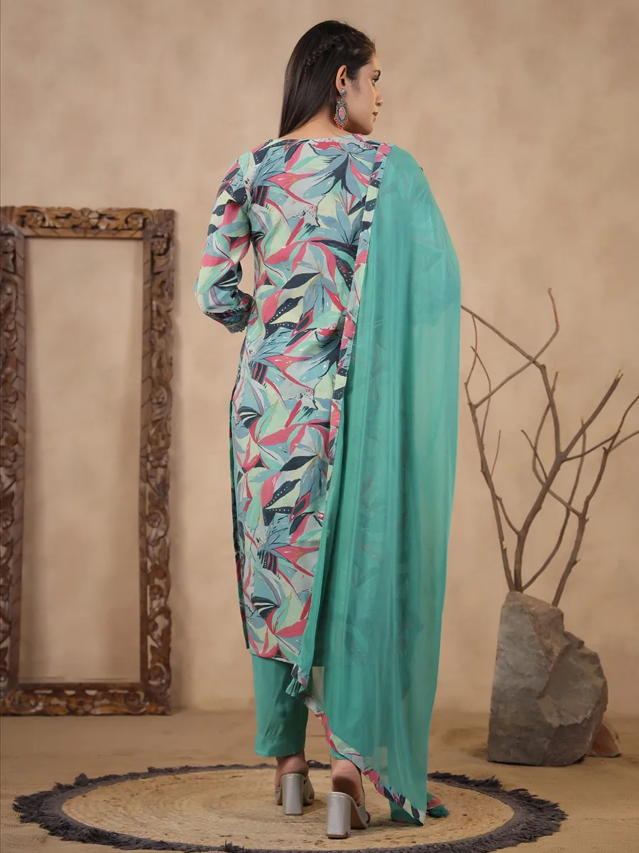 Trendy sea green silk printed kurti set