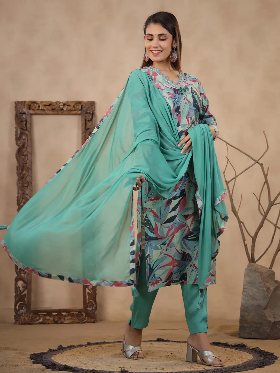 Trendy sea green silk printed kurti set