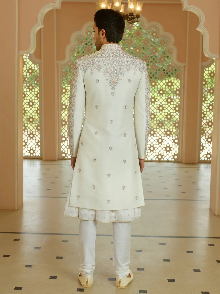 Trendy silk cream sherwani