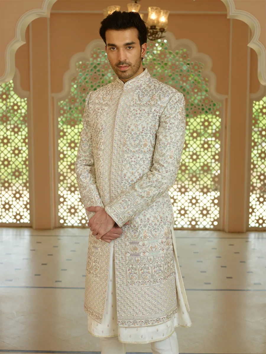 Trendy silk cream sherwani