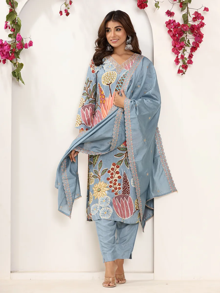 Trendy silk light blue printed kurti set