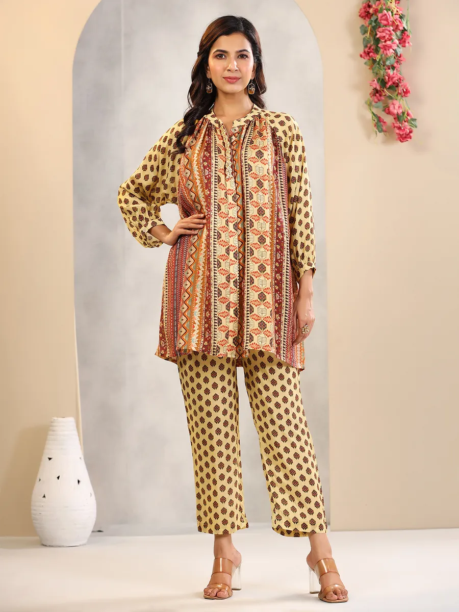 Trendy silk printed co ord set in yellow