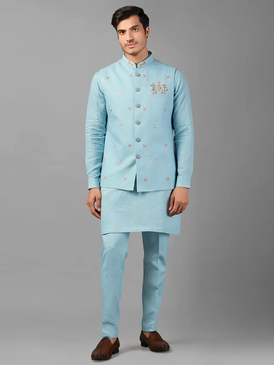 Trendy sky blue linen  waistcoat set