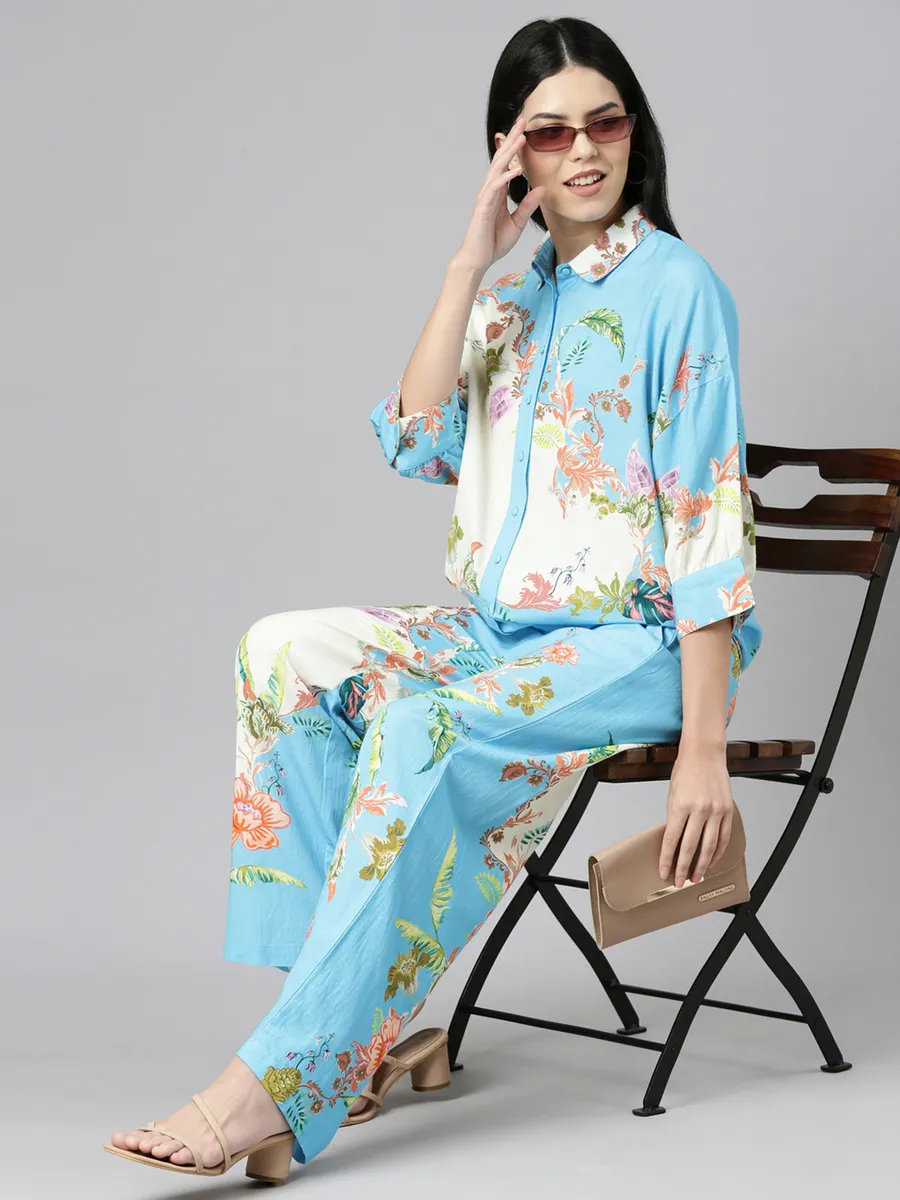 Trendy sky blue printed co-ord set in cotton