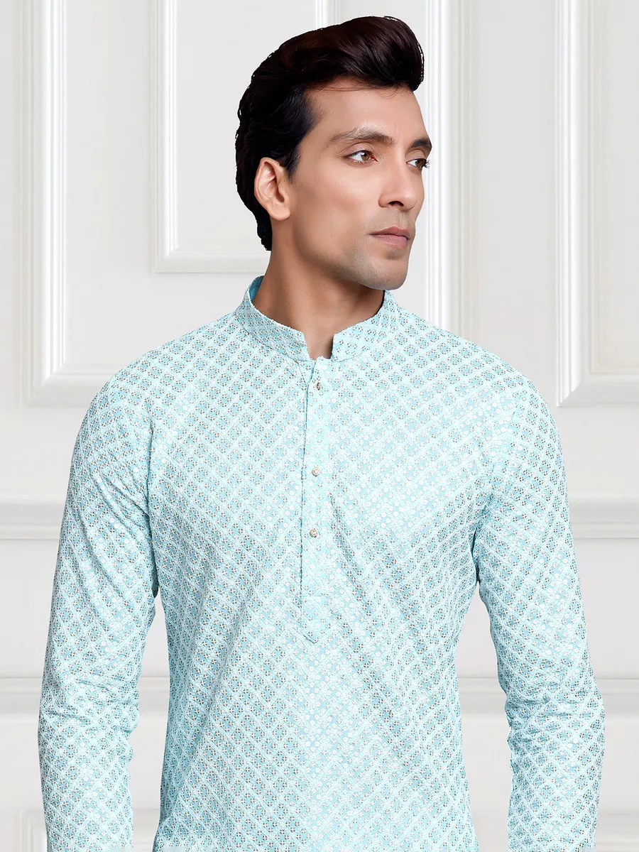 Trendy sky blue rayon cotton  Men Kurta pajama