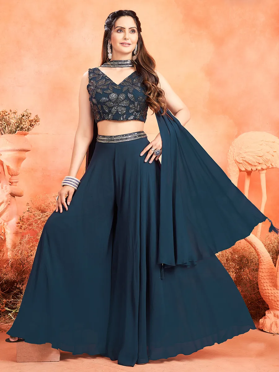 Trendy teal blue palazzo suit with choker dupatta