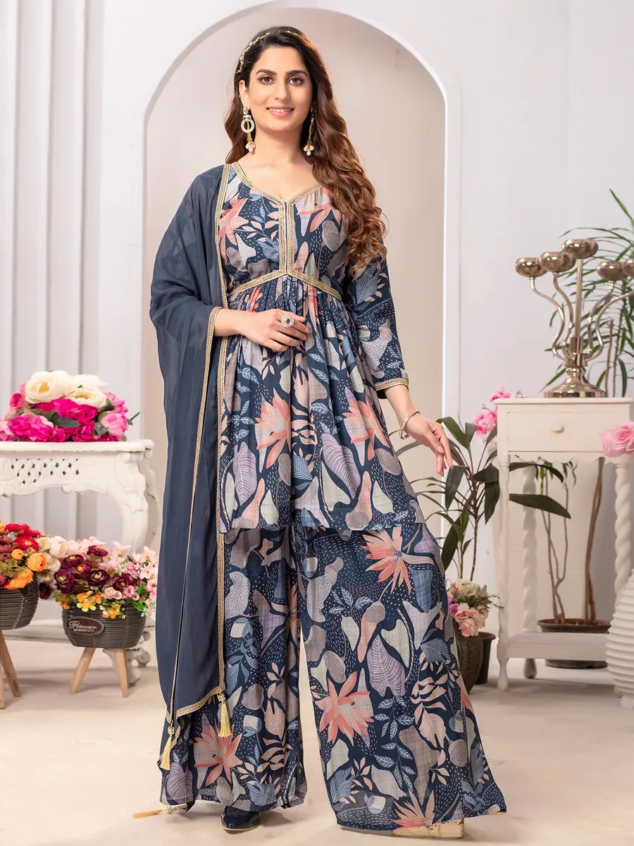 Trendy teal blue silk printed palazzo suit