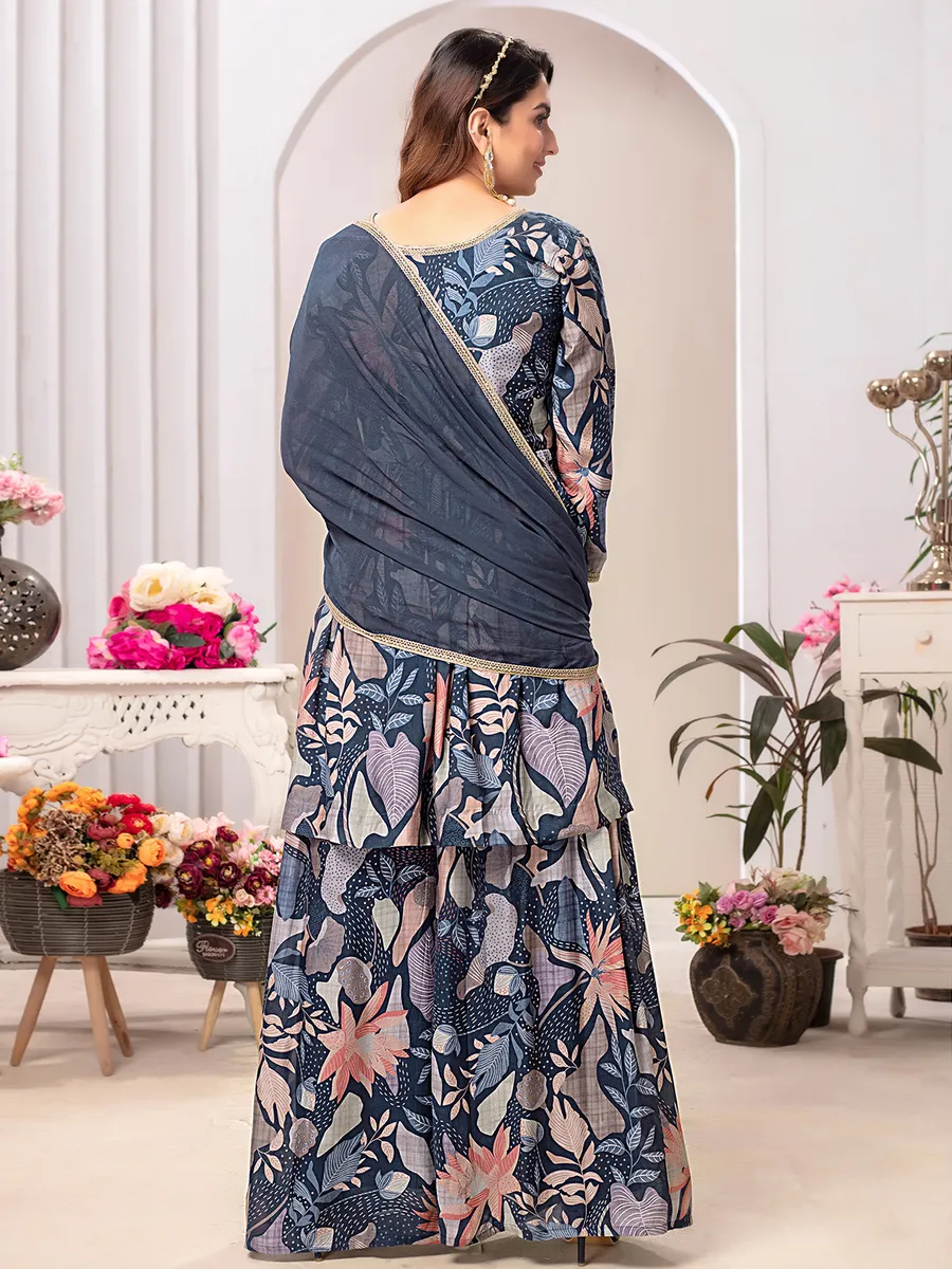 Trendy teal blue silk printed palazzo suit