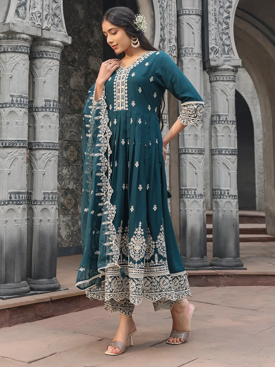 Trendy teal green silk kurti set