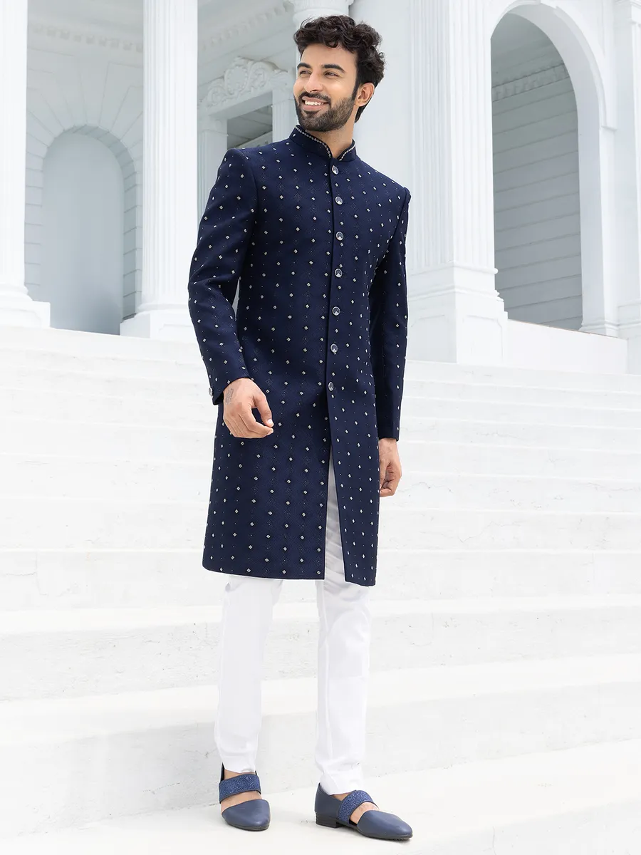 Trendy textured navy blue Indowestern for men