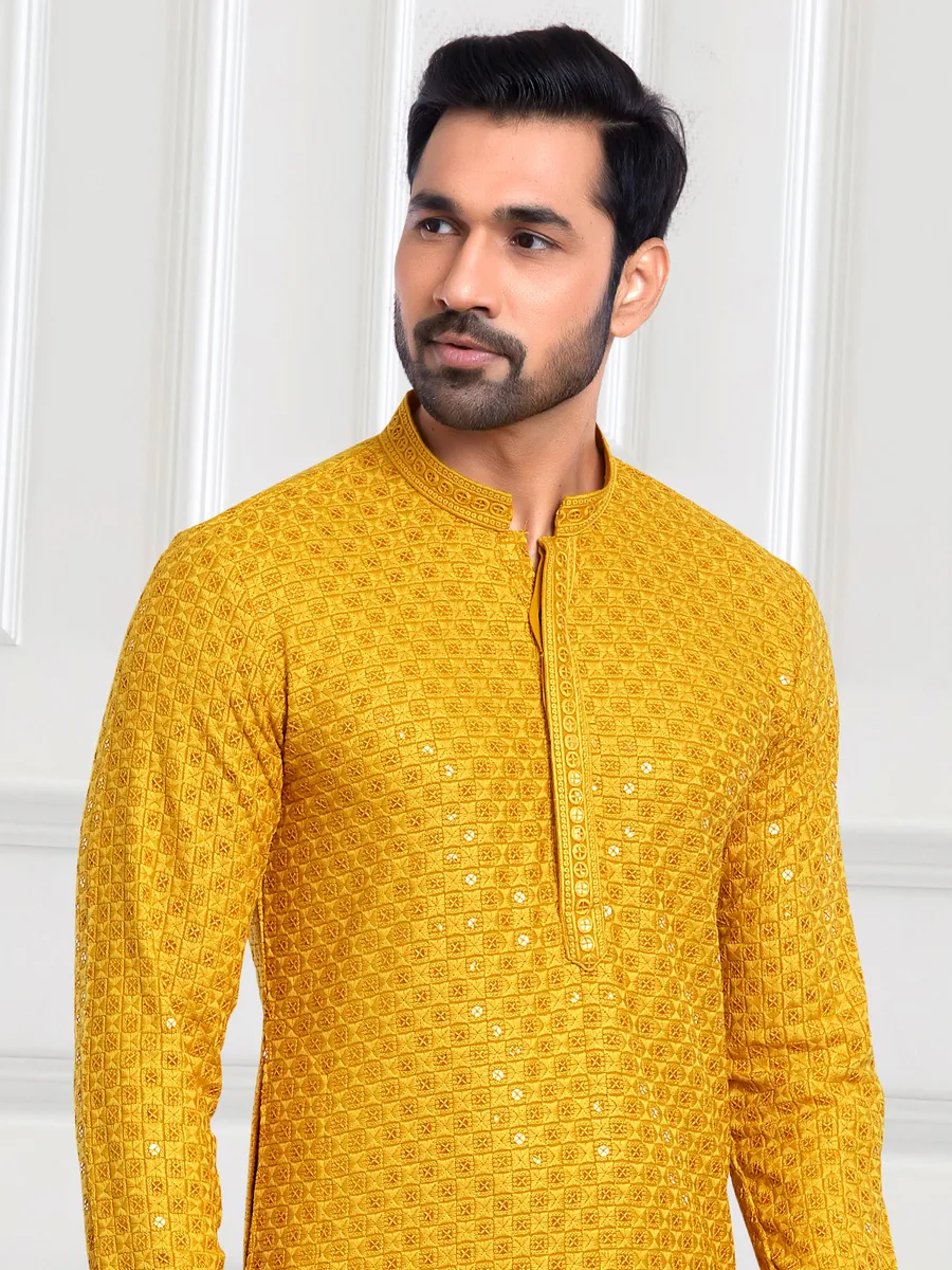 Trendy yellow art rayon cotton  Men Kurta pajama