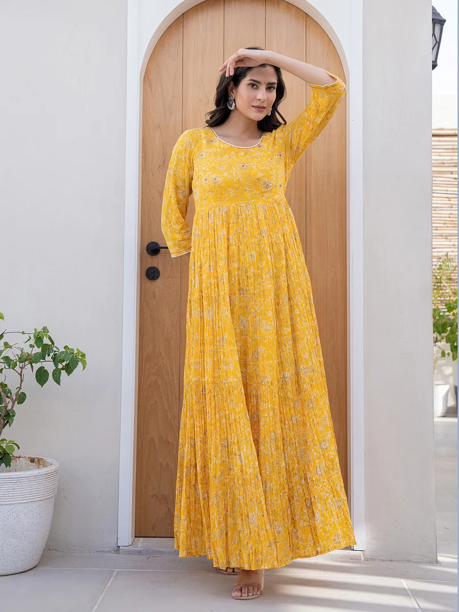 Trendy yellow cotton printed long kurti