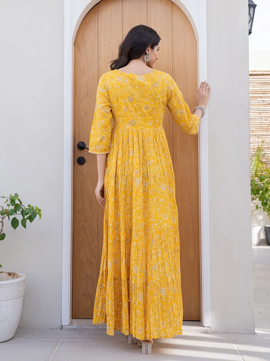 Trendy yellow cotton printed long kurti