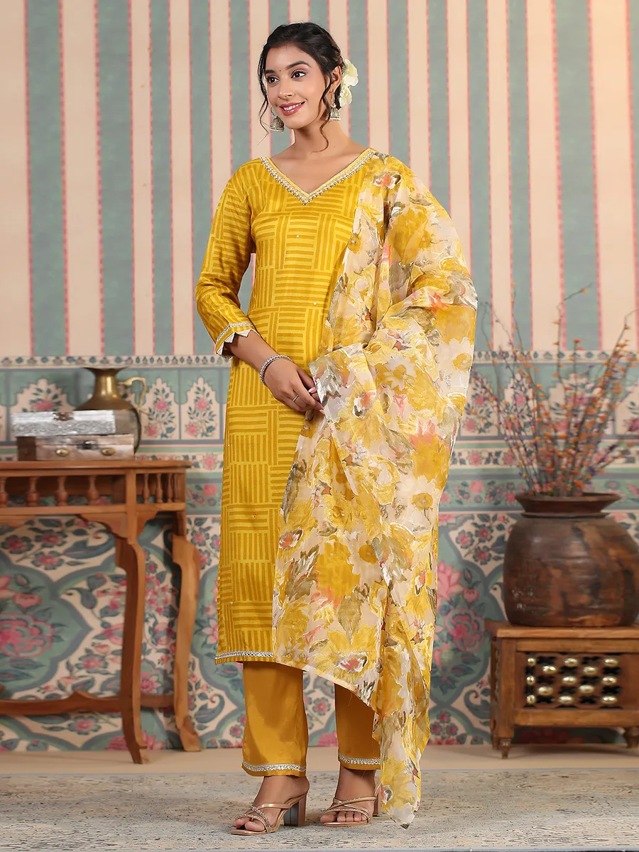 Trendy yellow silk printed kurti set