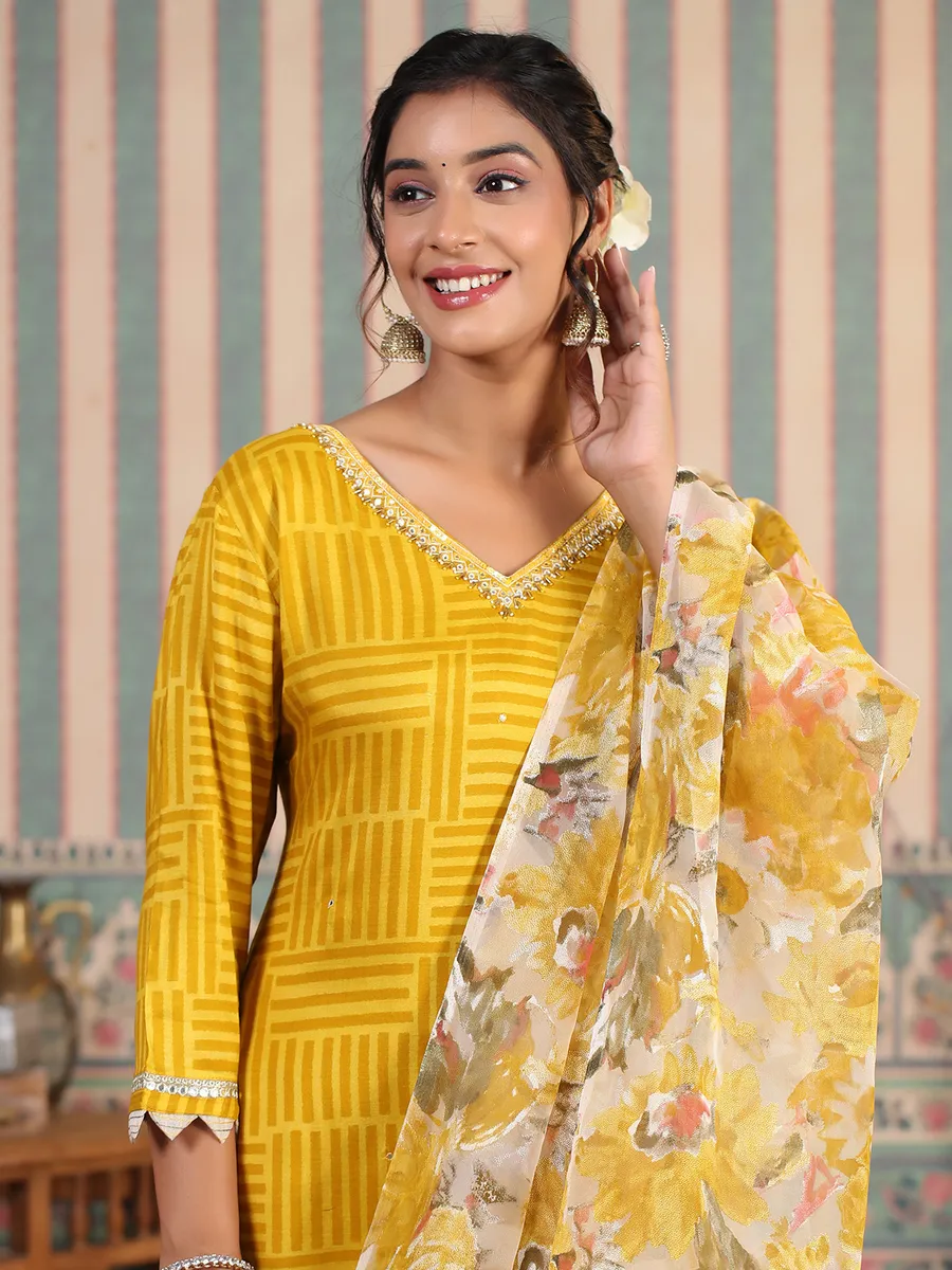 Trendy yellow silk printed kurti set