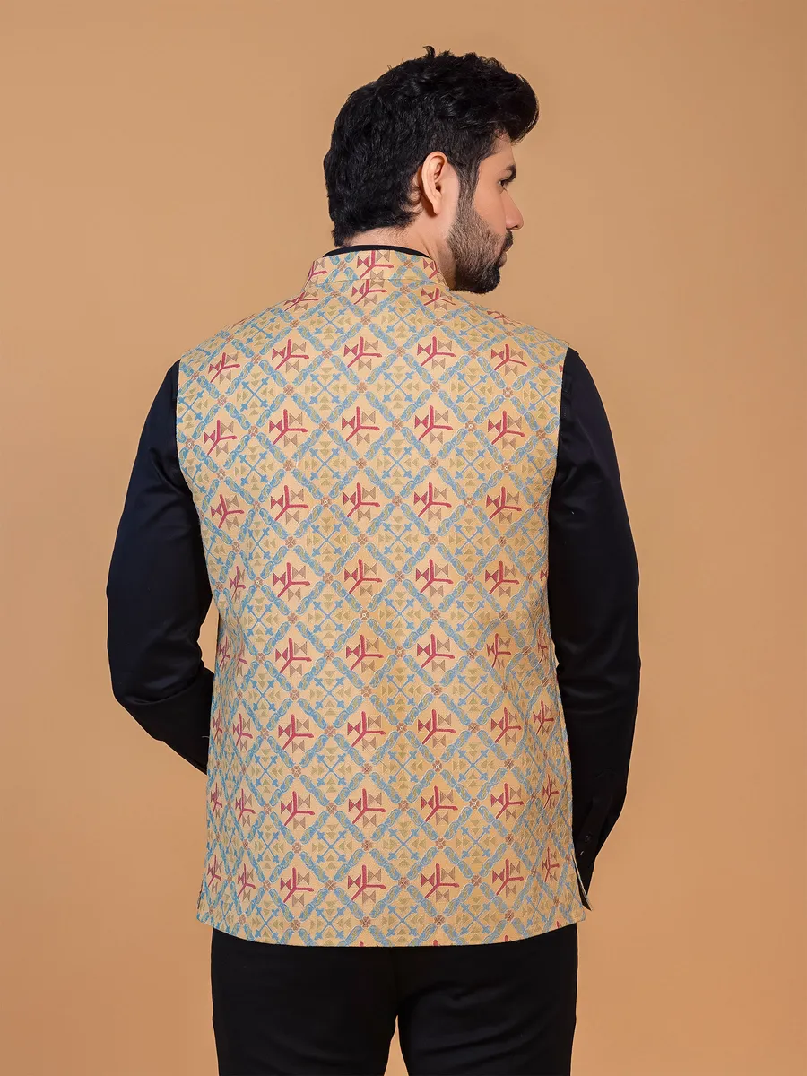 Trendy yellow silk printed waistcoat