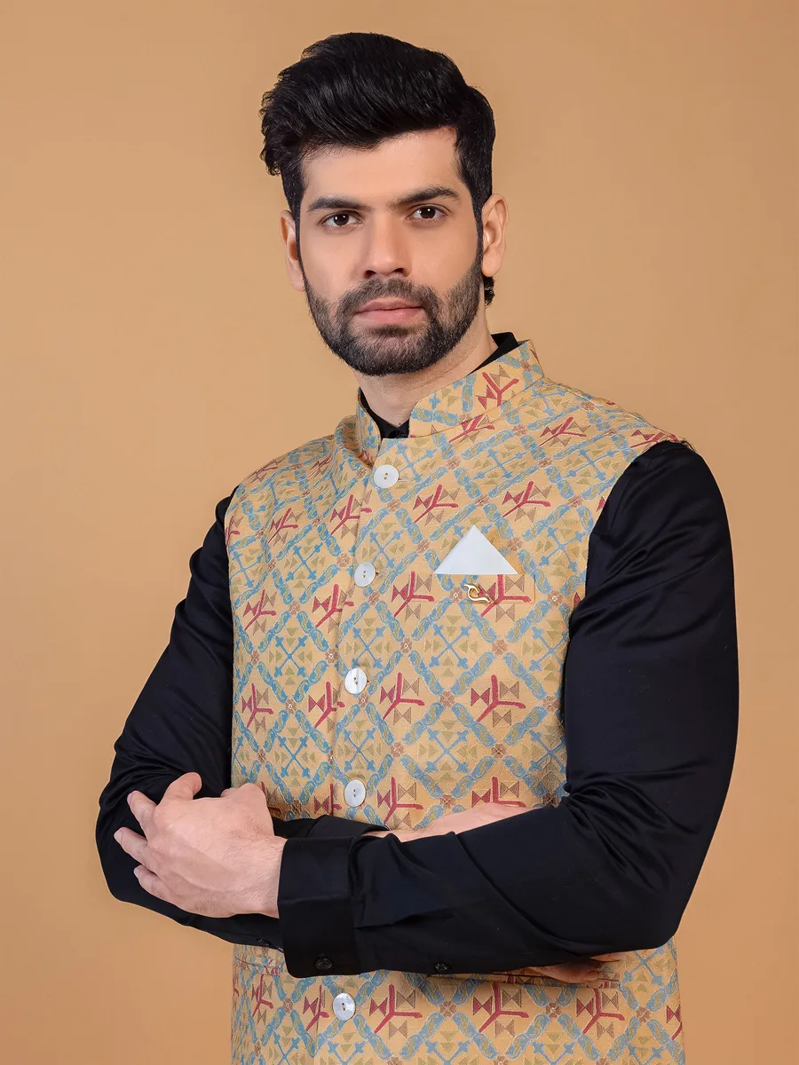 Trendy yellow silk printed waistcoat