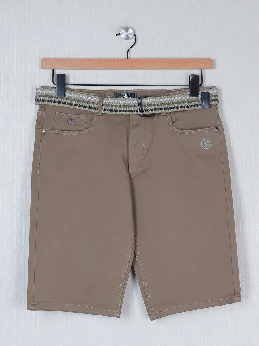 TYZ beige solid cotton mens casual shorts