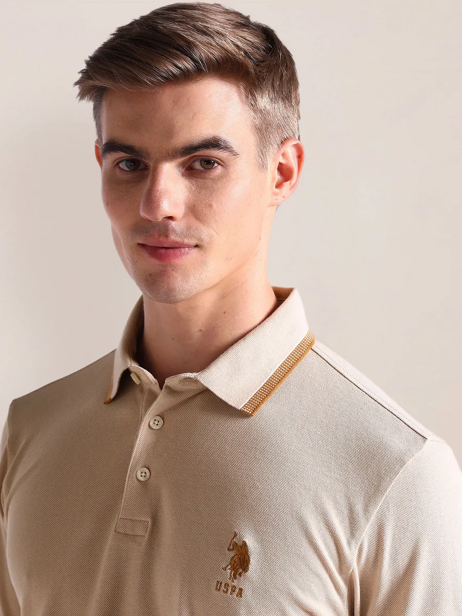 U S POLO ASSN beige cotton plain t-shirt