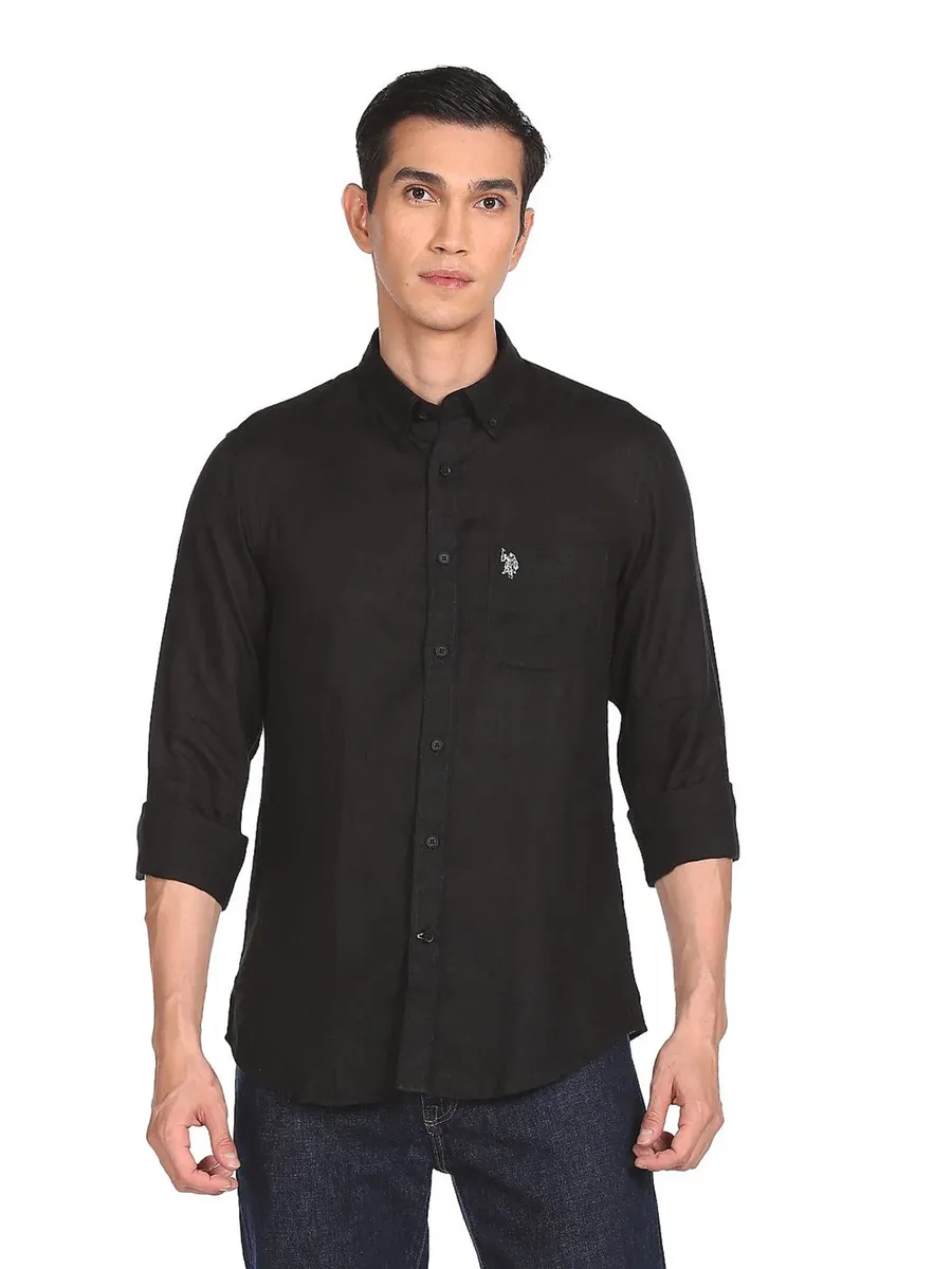 U S POLO ASSN black plain linen shirt