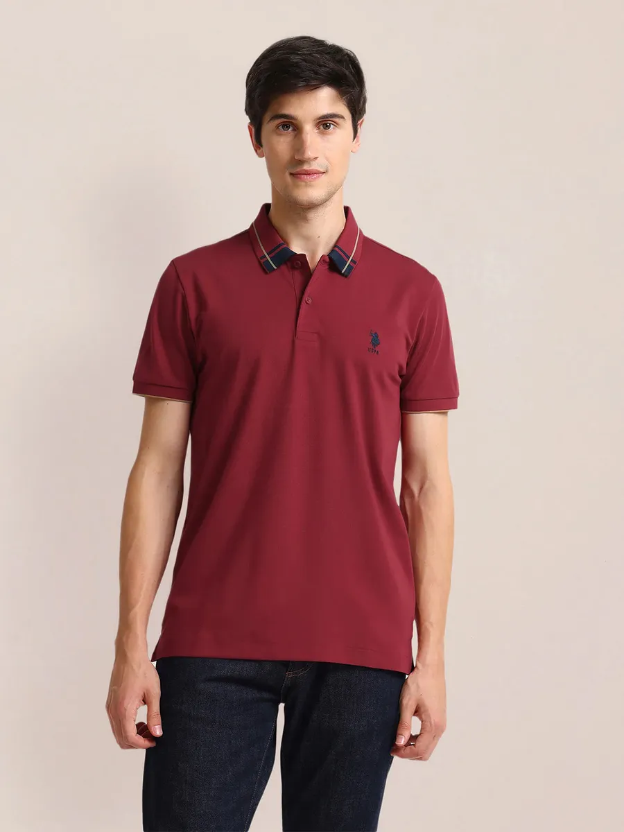 U S POLO ASSN maroon plain cotton polo t-shirt