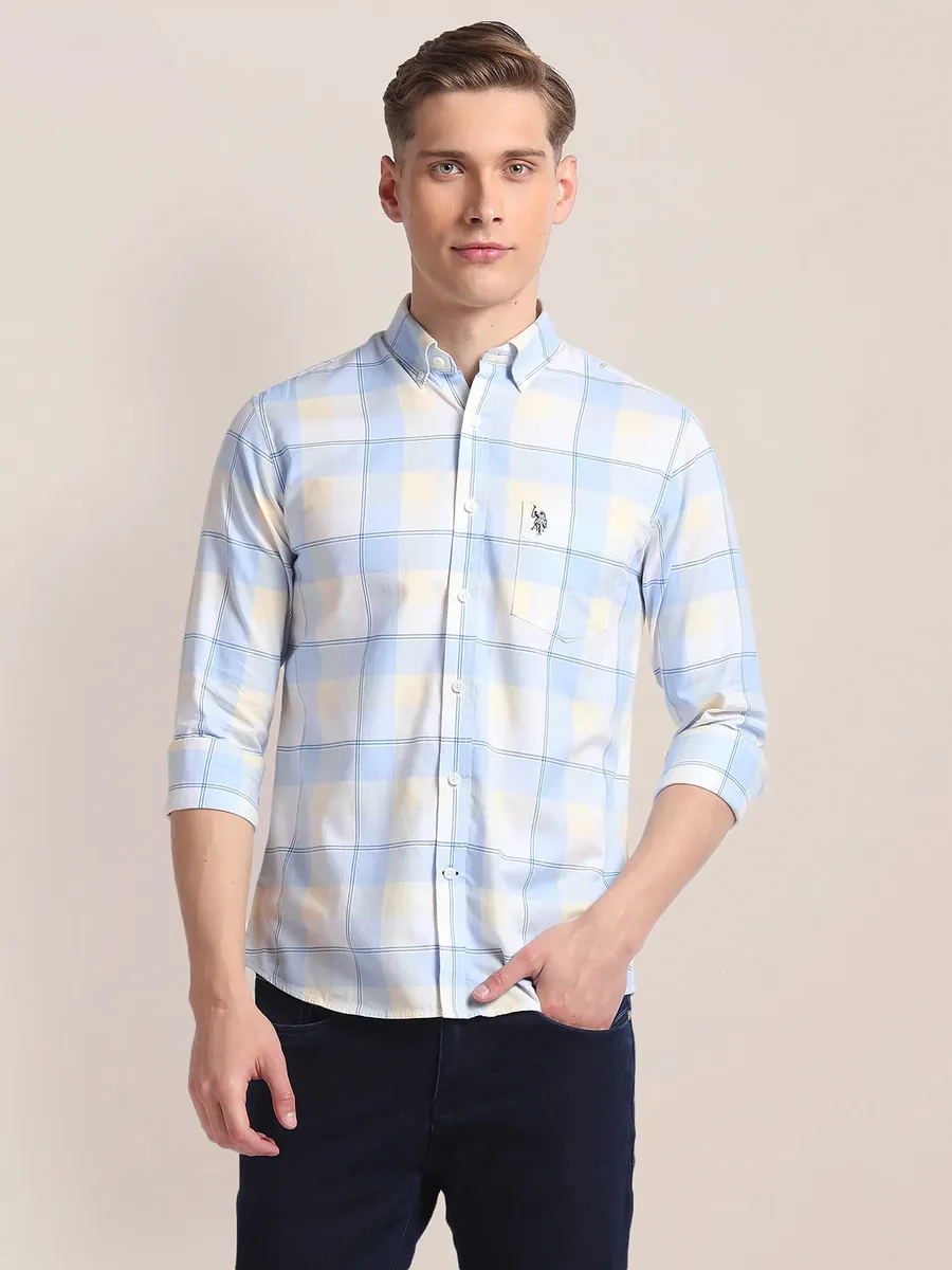 U S POLO ASSN white and sky blue checks shirt