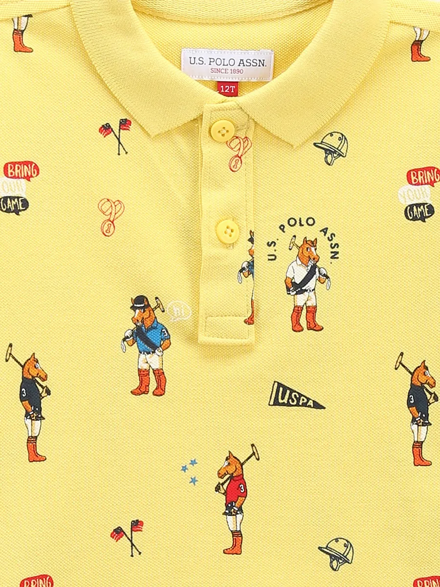 U S POLO ASSN yellow printed cotton polo t-shirt