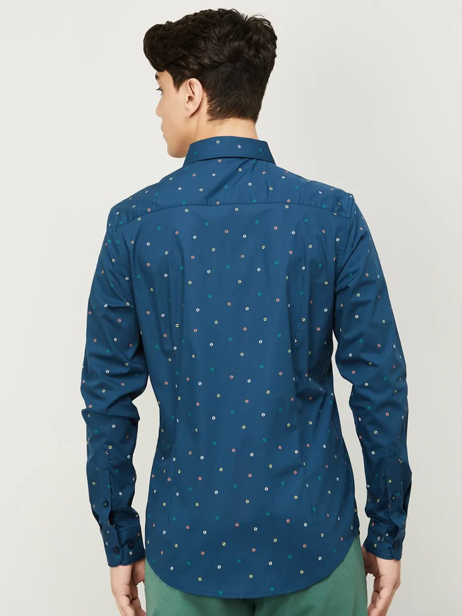 UCB cotton blue printed slim fit shirt