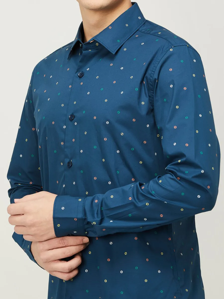 UCB cotton blue printed slim fit shirt