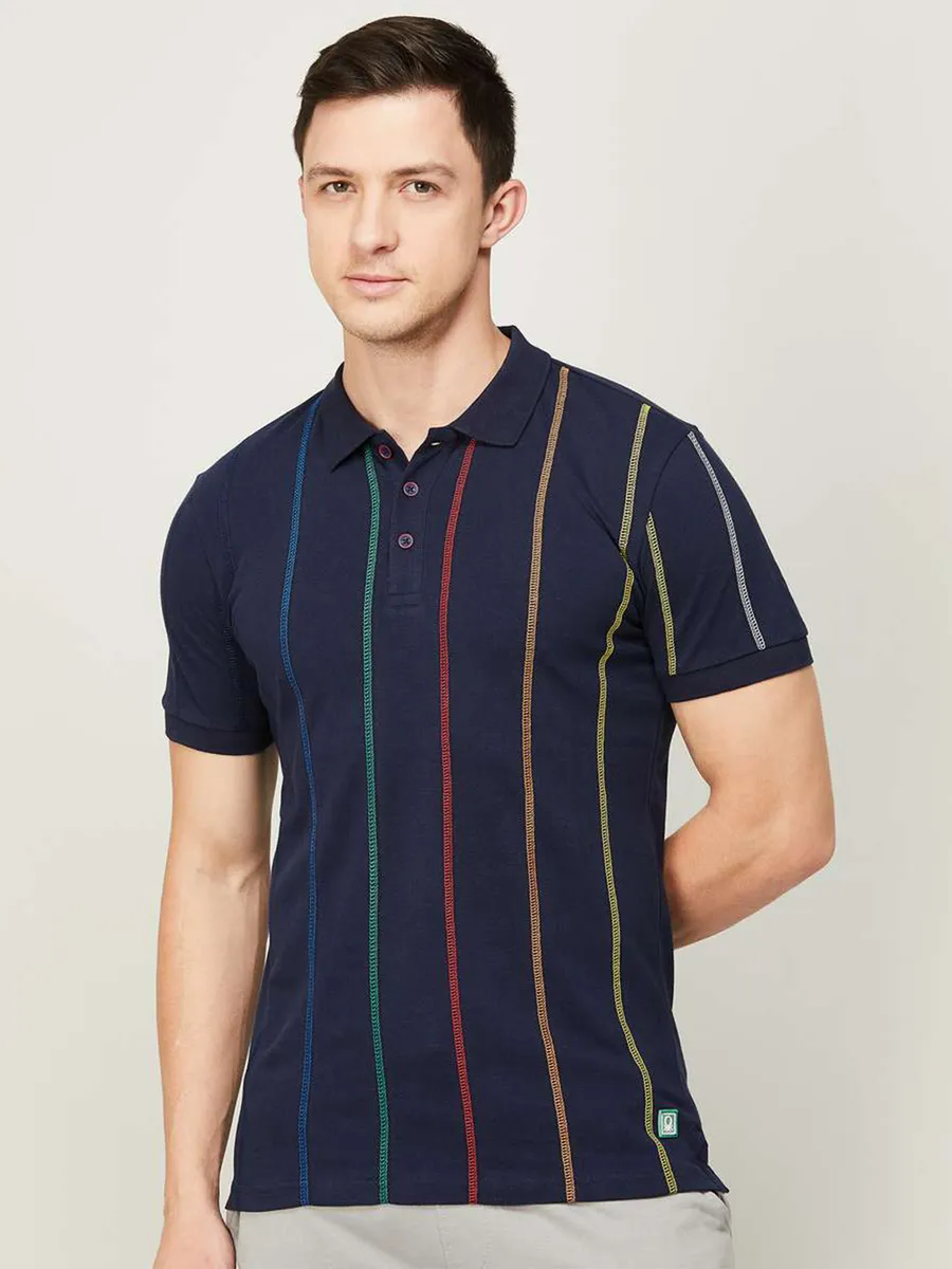 UCB cotton stripe slim fit navy t shirt