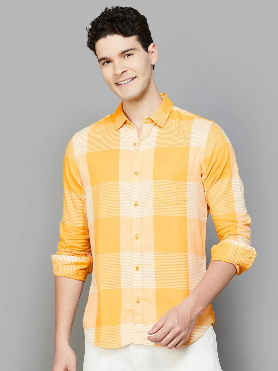 UCB mustard yellow cotton men shirt with checks
