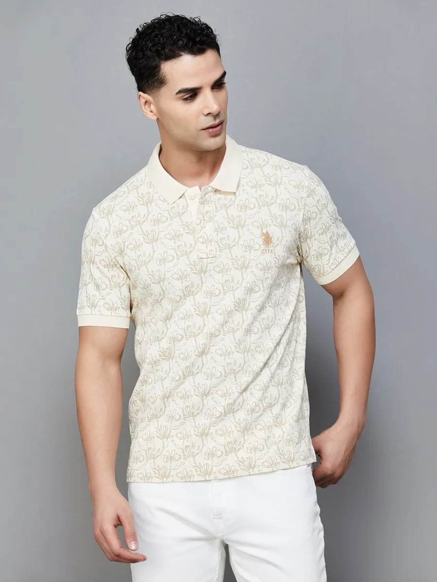 US POLO printed beige cotton slim fit t-shirt